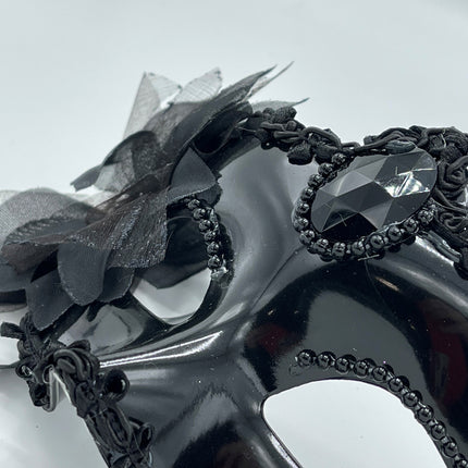 Power Escorts - BR205- Luxury Venetian Love Mask - Black - with Stone - Adjustable - Fetish Power - Kinky Mask - Plastic bag
