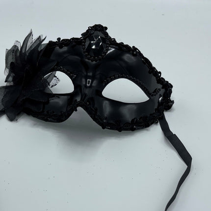 Power Escorts - BR205- Luxury Venetian Love Mask - Black - with Stone - Adjustable - Fetish Power - Kinky Mask - Plastic bag