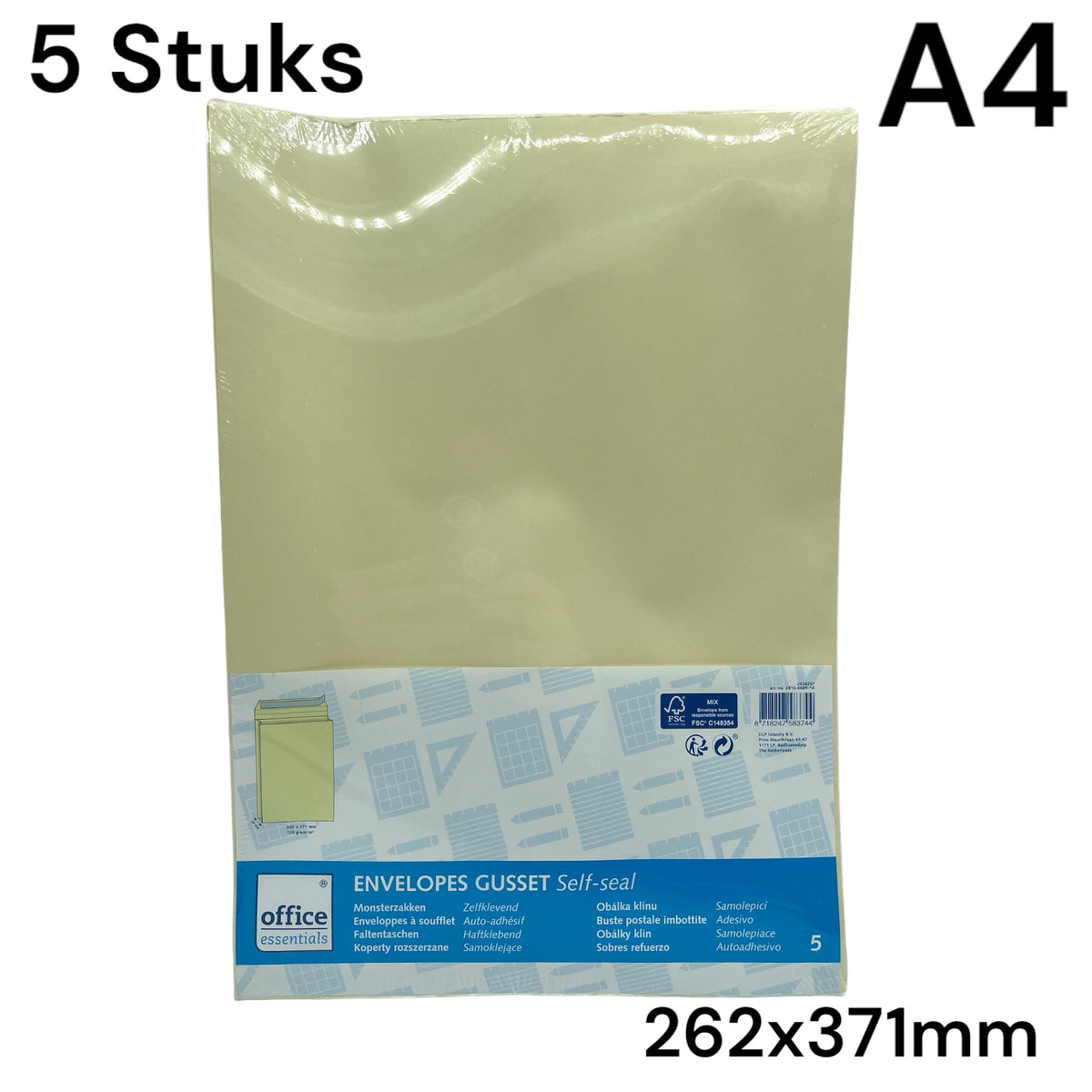 Enveloppen met Plakstrip A4 262 x 371 mm - Beige, 5 stuks