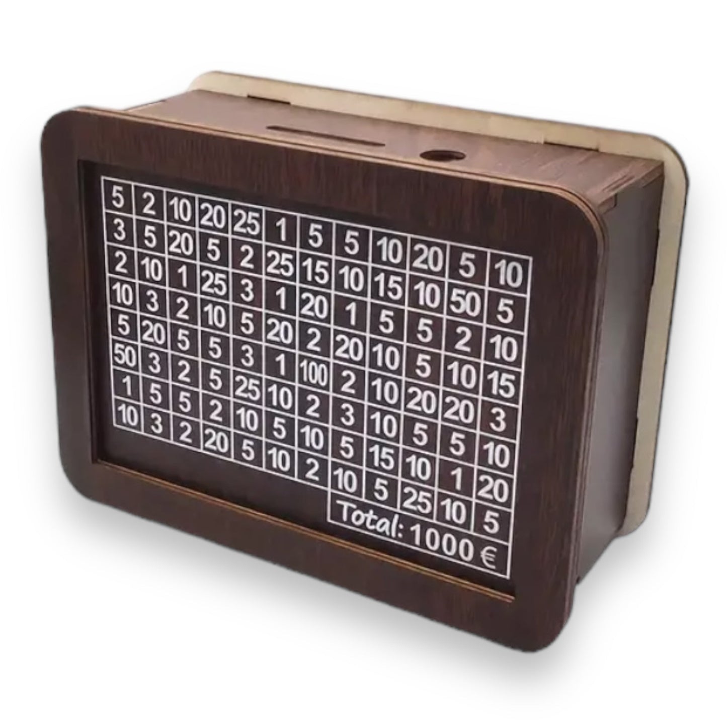 Wooden money box saves 1000 euros with marker to cross out numbers