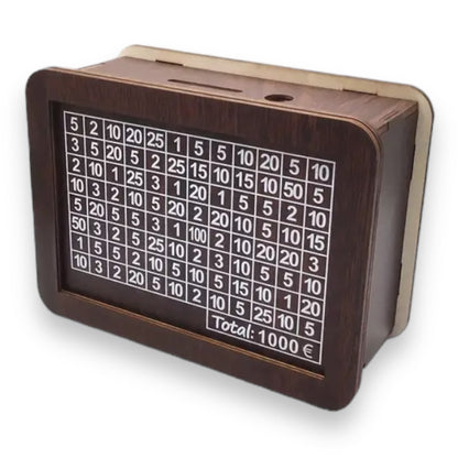 Wooden money box saves 1000 euros with marker to cross out numbers