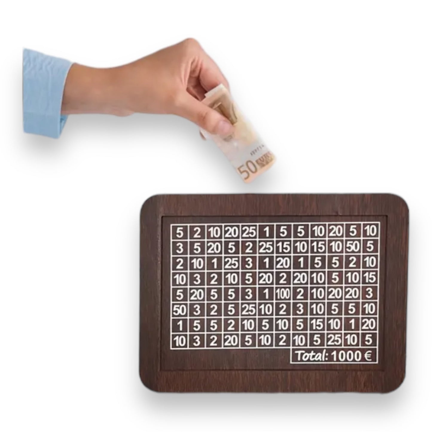 Wooden money box saves 1000 euros with marker to cross out numbers