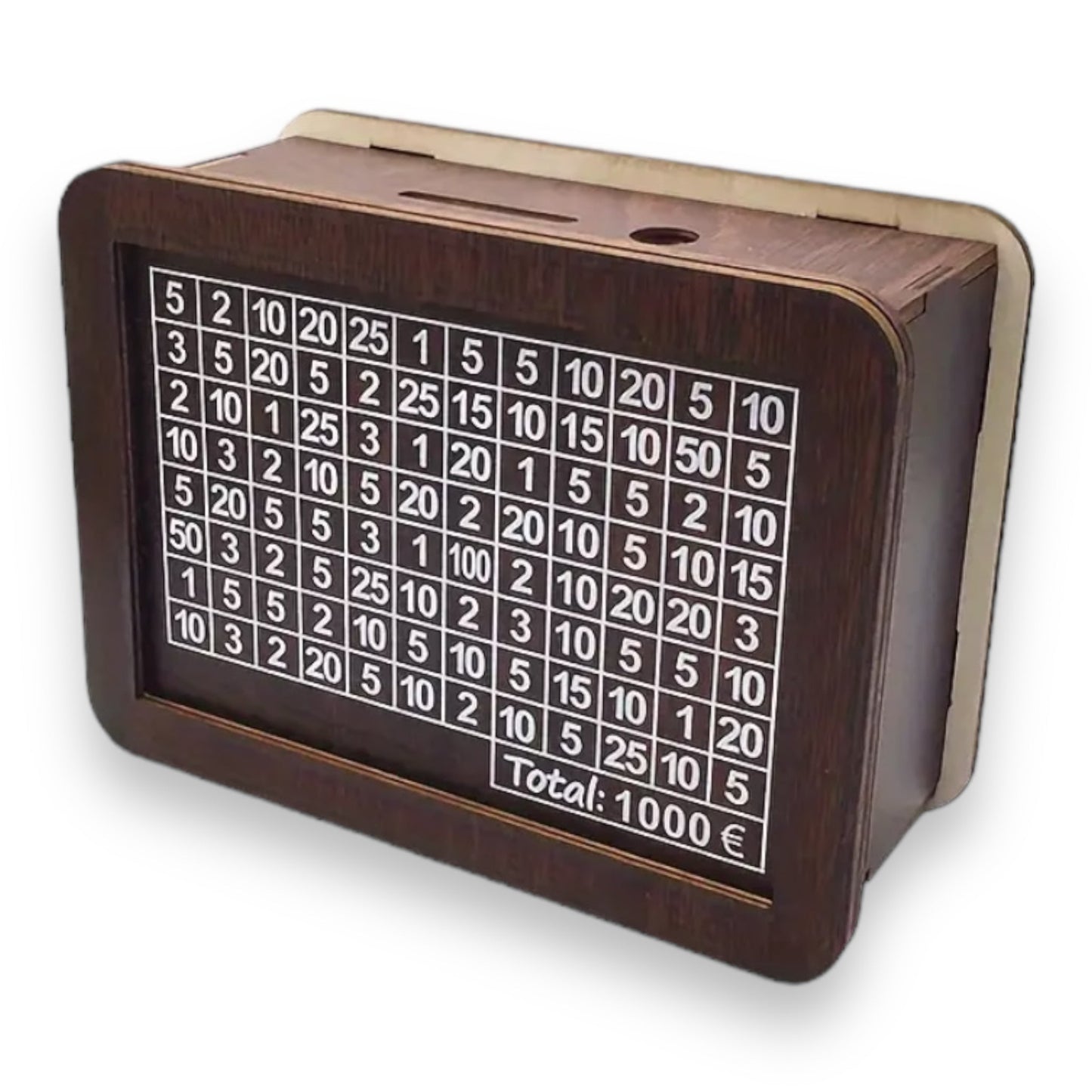 Wooden money box saves 1000 euros with marker to cross out numbers