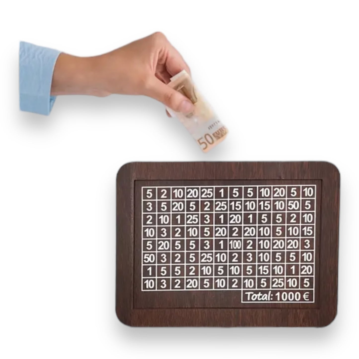 Wooden money box saves 1000 euros with marker to cross out numbers