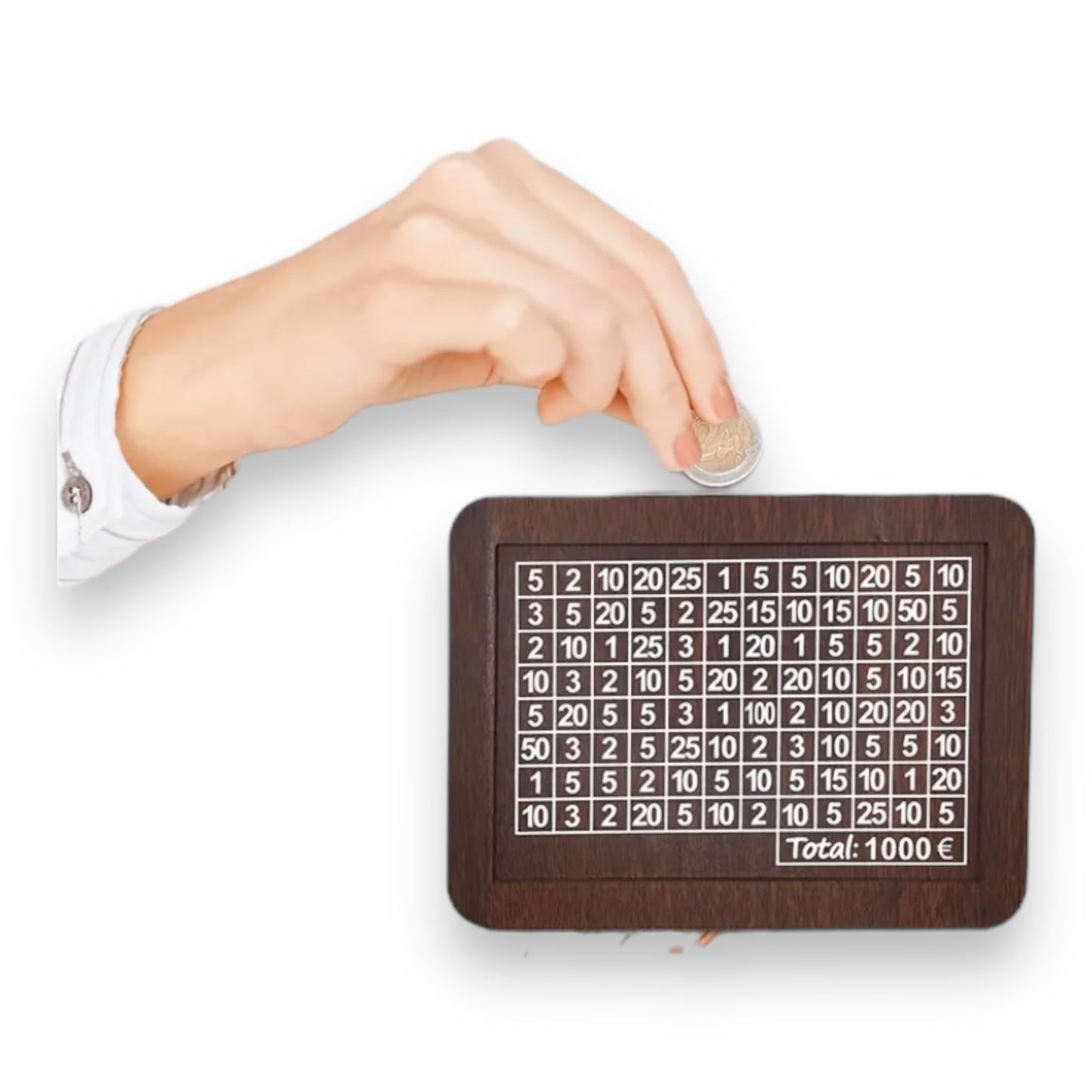 Wooden money box saves 1000 euros with marker to cross out numbers