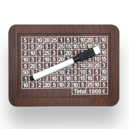 Wooden money box saves 1000 euros with marker to cross out numbers
