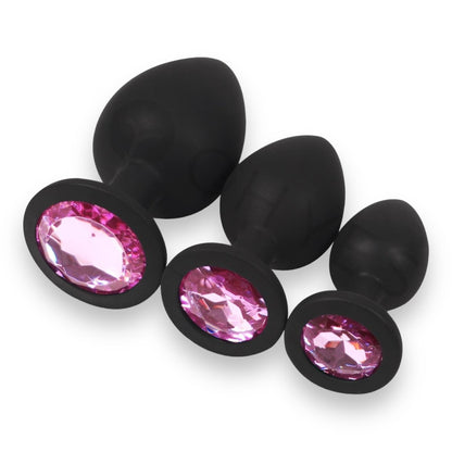 Siliconen Butt Plug - Zwart - Verkrijgbaar in 6 Kleuren en 3 Maten met Diamanten Accenten