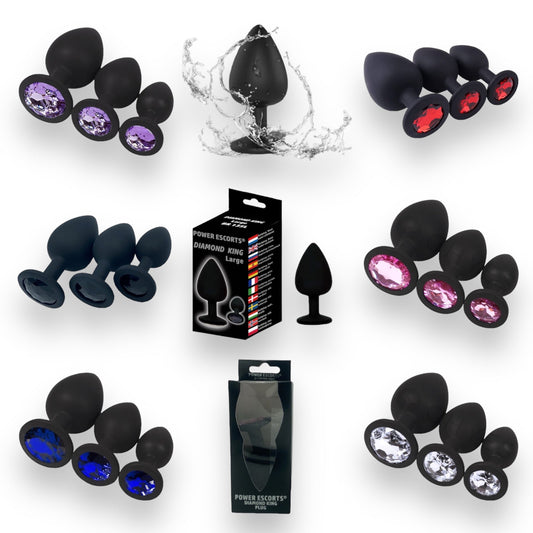 Silicone Butt Plug - Black - Available in 6 Colors and 3 Sizes with Diamond Accents