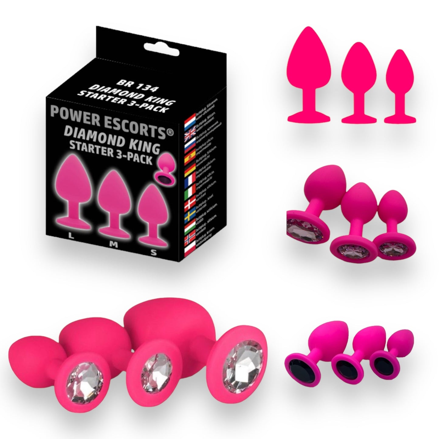 Power Escorts - BR134 - Silicone Butt Plug - Pink - 3 Pack - 6 Colors