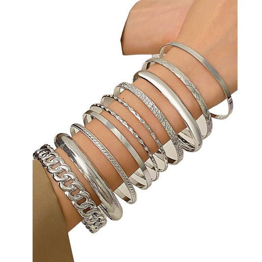 Boho-Chic Bracelets Set of 10 Pieces Silver 