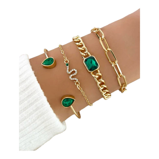 Boho-Chique Armbanden Set van 4 Stuks In Het Goud Exclusieve Groene Diamant