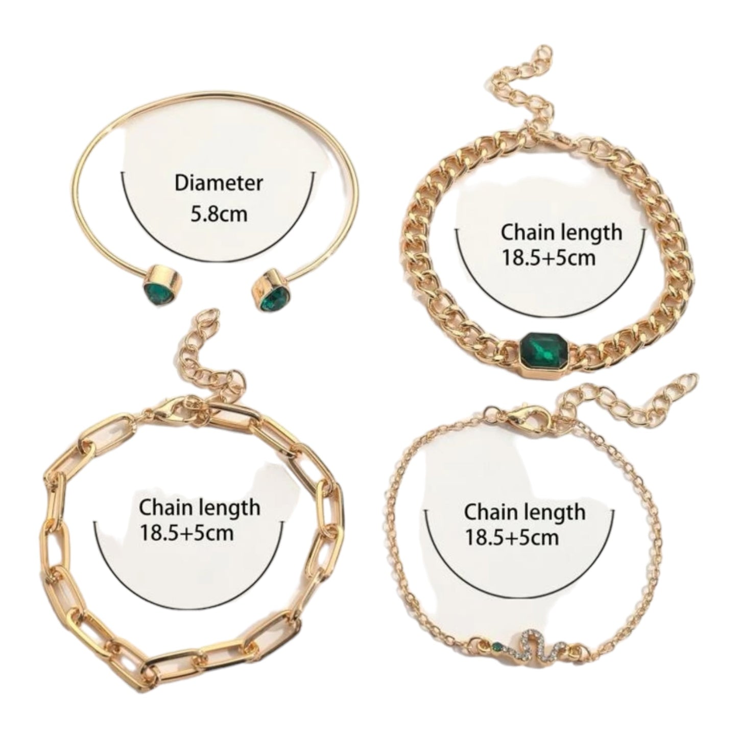 Boho-Chique Armbanden Set van 4 Stuks In Het Goud Exclusieve Groene Diamant