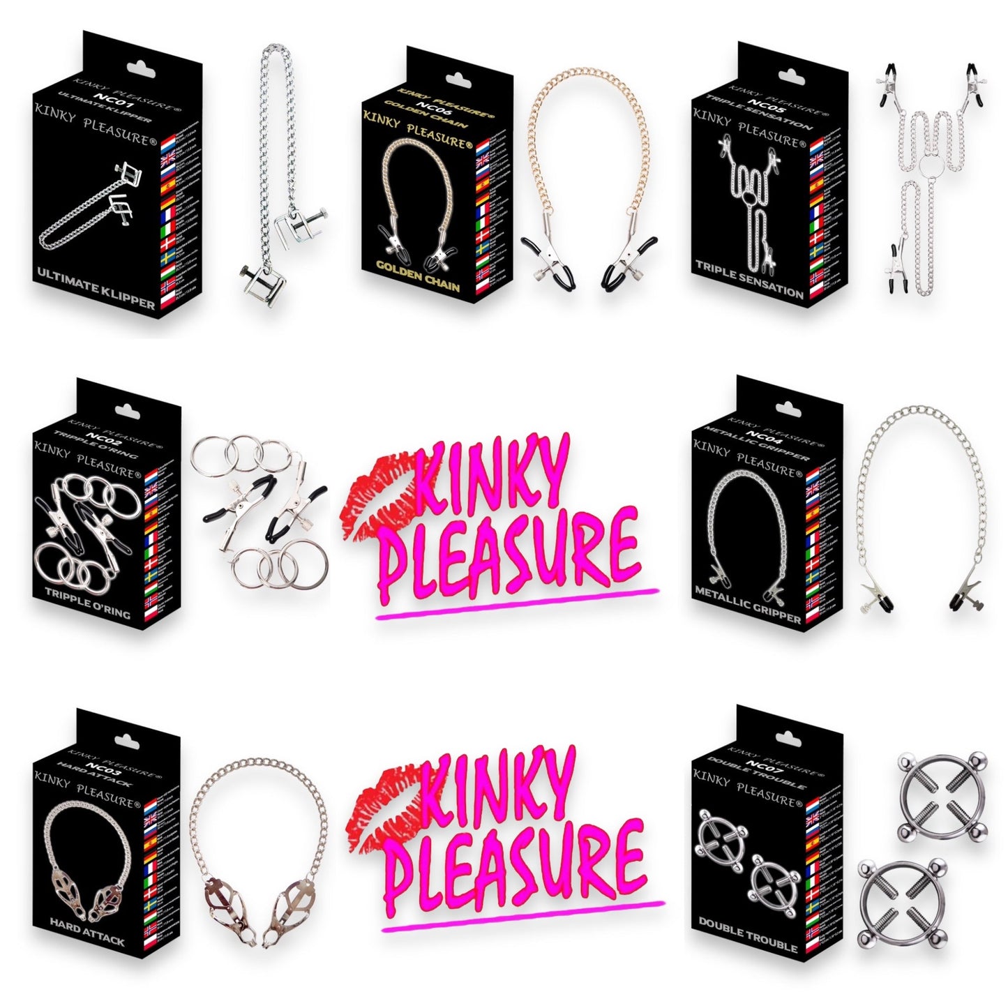 Kinky Pleasure - Tepelklemmen - 7 Modellen - Allemaal in Luxe Kleurrijke Doos - Alle Modellen 1x - 7 Stuks