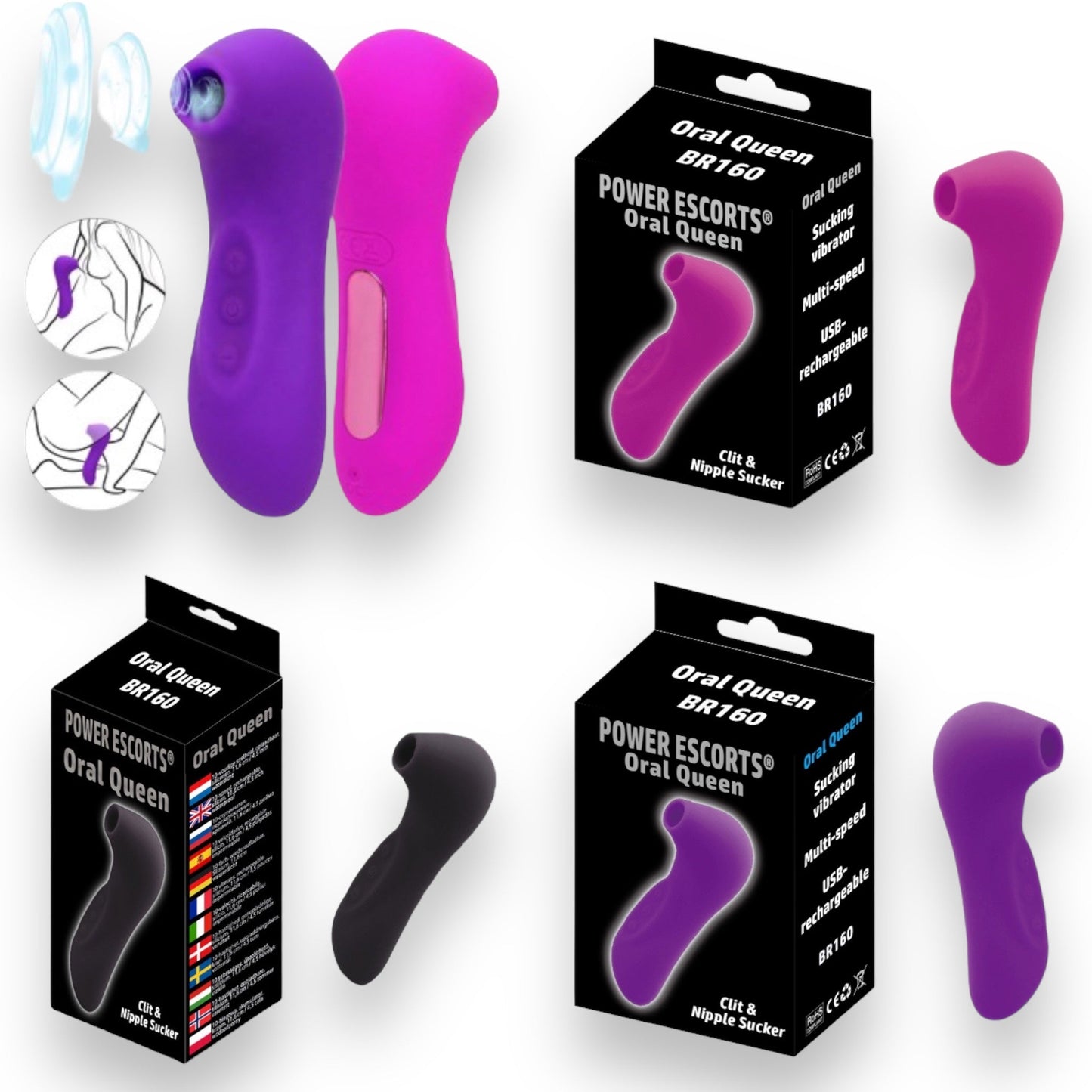 Power Escorts - BR160 - Oral Queen Air Sucker- Waterproof - Oral Sucker - Clitoral Stimulator/Massager - 10 Modes - 3 Colors