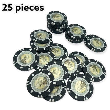 Enhance your poker nights with this set of poker chips in 6 different models, 25 pieces 