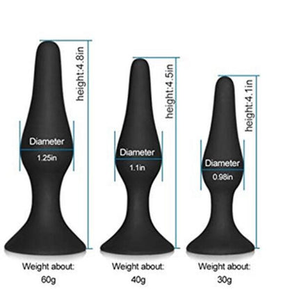 Power Escorts - BR12Black - Silicone Anal Plug 3 Pack Set - Strong Suction Cup