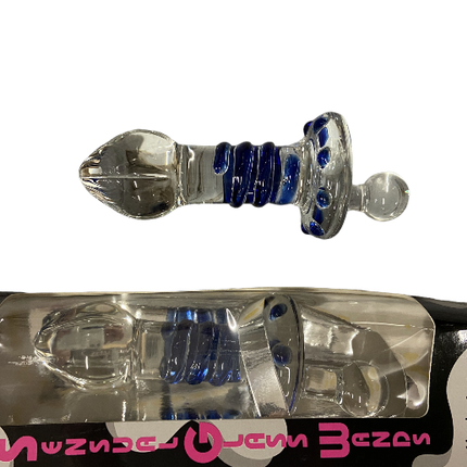 Glas Wands Glas Dildo / Plug - Helder met Blauwe Ribbel