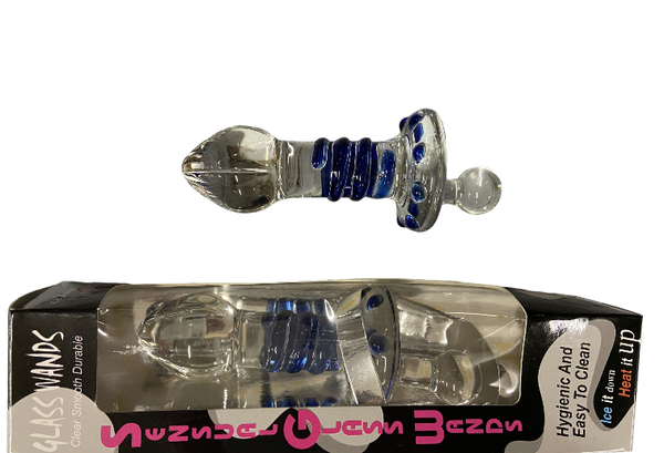 Glazen Dildo Plug - Helder met Blauwe Ribbel