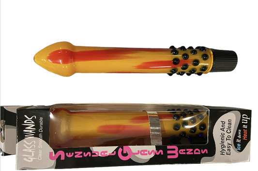 Glas Wands Glas Vibrator - Geel met Donkere Ribbel - 18 cm