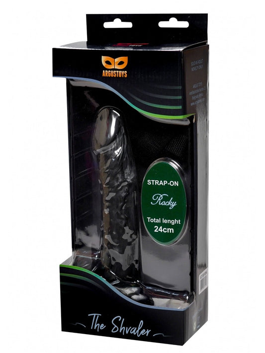 Argus Strap On Rocky Black Realistic Dildo - Total Length 24cm Penetration 20cm - Strong Luxury Color Box - At1054