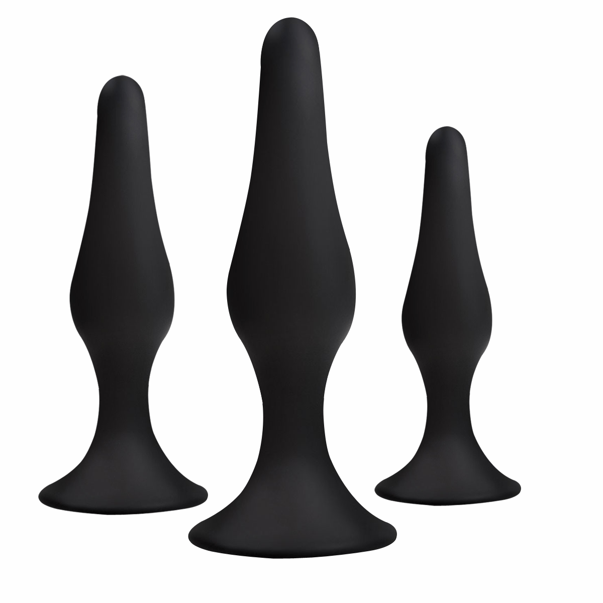 Power Escorts - BR12Black - Silicone Anal Plug 3 Pack Set - Strong Suction Cup