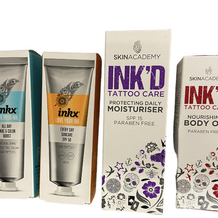 Ink'd Tattoo 4 Pack Total Care - All Day Creme &amp; Color Boost / Sun Care / Body Oil / Moisturizer