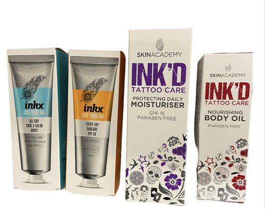 Ink'd Tattoo 4 Pack Total Care - All Day Creme &amp; Color Boost / Sun Care / Body Oil / Moisturizer